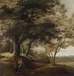 Paysage boisé avec des promeneurs